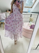 Liliowa kobieca sukienka z falbankami 40