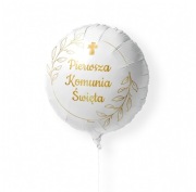 Balon Foliowy 45cm Pierwsza Komunia Święta  – Biały ze Złotym Nadrukiem