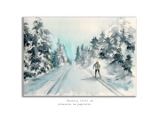 Jakuszyce. Akwarela ręcznie malowana pejzaż góry zima narty biegówki 