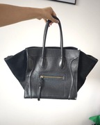 Skórzana torba shopper czarna skóra + zamsz premium trapez duża