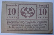 Notgeld - Gutschein, Austria, Ottnang, 10 Heller, 1920