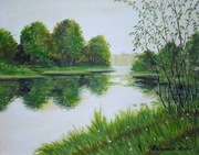 PEJZAŻ RĘCZNIE MALOWANY AKRYLOWY "NA ZIELONYCH MOKRADŁACH" - 24x30cm