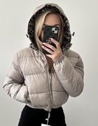Beżowa Kurtka dwustronna, M/L, kieszenie po dwóch stronach, kaptur odpinany