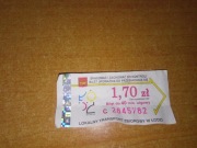 Bilet jednorazowy 1,70zł ulgowy MPK Łódź skasowany lokalny z nadrukiem