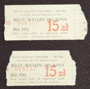 1974, Ministerstwo Kultury i Sztuki, 2x bilet Kino Atlantic 15zł, stemple