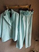 Garnitur damski mięta/turkus marynarka spodnie szerokie pasek 