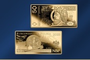Złota moneta, banknot 50zł z serii „Polskie banknoty obiegowe „