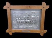 Piękny cynowy obraz jeździecki myśliwski wiejski bawarski XXw.