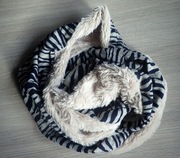 Świetny dwustronny ciepły szal komin granat beż