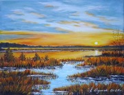 PEJZAŻ MALOWANY AKRYLOWY "ODBICIE W WODZIE PO ZACHODZIE" - 24x30cm