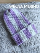 Czapka beanie smerf liliowa śmietankowa wełniana wełna merino przejściowa