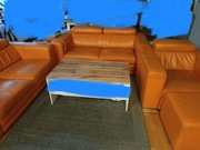 Komplet wypoczynkowy 1, 2 i 2,5 plus pufa pomarańczowy skóra naturalna