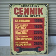 Tabliczka Retro Warsztat Cennik – Pomoc Klienta 30x40cm HDF