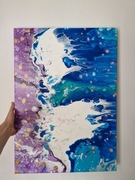 Obraz na ścianę fiolet i niebieski,malowany metodą pouring.Abstrakcja 