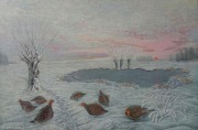 Kuropatwy na śniegu, ręcznie malowany obraz olejny, 50 x 33 cm