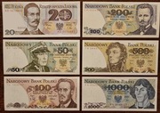 UNC z paczki, zestaw PRL: 20 50 100 200 500 1000 złotych - cena za komplet