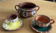 Stare gliniane naczynia hand made: filiżanka, spodek, miska, jajecznik, 