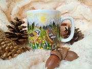 Zięba i czubatka w pejzażu ręcznie malowany kubek 270 ml.