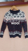 sweter z dodatkiem wełny 30% wełna wool S 36 śnieżynki  gwiazdki