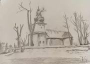 Szkic ołówkiem - Kościół drewniany