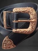 Nowy Skórzany Czarny Pasek Vintage 105 cm Rzeźbiona Klamra Y2K