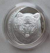 Srebrna moneta z Andory z roku 2010, 5 diners - niedźwiedź z Pirenejów