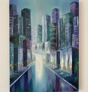 Nocny pejzaż miejski oryginalny olejny obraz.