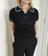 Maje czarny top polo dzianinowy kontrastowy kołnierzyk S/36 