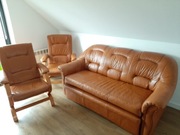 Skórzana sofa 3 osob. z funkcja spania plus 2 fotele.