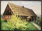 Ręcznie malowany obraz, 50x70, chata z forsycją