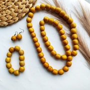 Korale góralskie żółte bransoletka kolczyki zestaw komplet folk drewno 