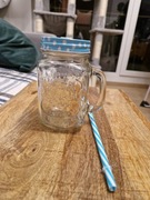 Szklany kubek w formie słoika ze słomką - niebieski