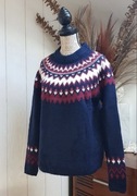 Ciepły sweter w stylu norweskim, granatowy, z tradycyjnymi wzorami L XL 44