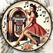 tabliczka z ilustracją w stylu pin-up jukebox szafa grająca kobieta 