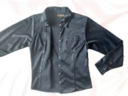 Czarna satynowa koszula damska połyskliwa slim narzutka bolerko