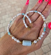 Naszyjnik Choker z Kamieni Naturalnych Amazonit Perły Naturalne Agat Jadeit