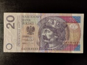 Banknot 20 złotych lustrzany numer radar CA336433