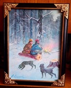 "MYŚLIWI PRZY OGNISKU"- OBRAZ OLEJNY NA PŁÓTNIE  44x34 