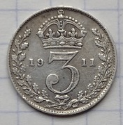 0408 Wielka Brytania 3 pensy 1911 srebro 