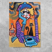 Obraz olejny portret babci czarny kot zna odpowiedź