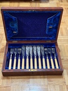 Zabytkowy angielski zestaw sztućce do ryb 1893 srebrne opaski 925