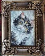 Obrazek, "Kot w kolii", malowany ręcznie.