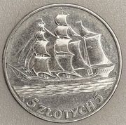 5 zł 1936 rok żaglowiec 