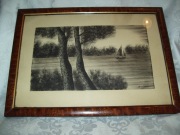 Stare grafiki przedstawiające krajobraz wodny nad jeziorem