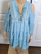 Sukienka boho ombre odkryte ramiona koronka frędzle MiLady S/M