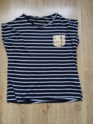 Czarna bluzka w białe paski t shirt XL kieszonka złota