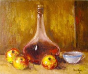 MARTWA NATURA Z KARAFKĄ JABŁKA I FILIŻANKA olej panel malarski 25x30cm 