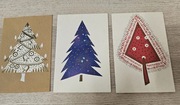 3 pocztówki vintage PRL karnety ręcznie robione Boże Narodzenie choinka