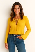RESERVED – Musztardowa bluzka z wiązaniem przy dekolcie XXS