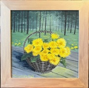 Ręcznie malowany obraz, kwiaty mlecze, 30 x 30 cm, akryl/olej